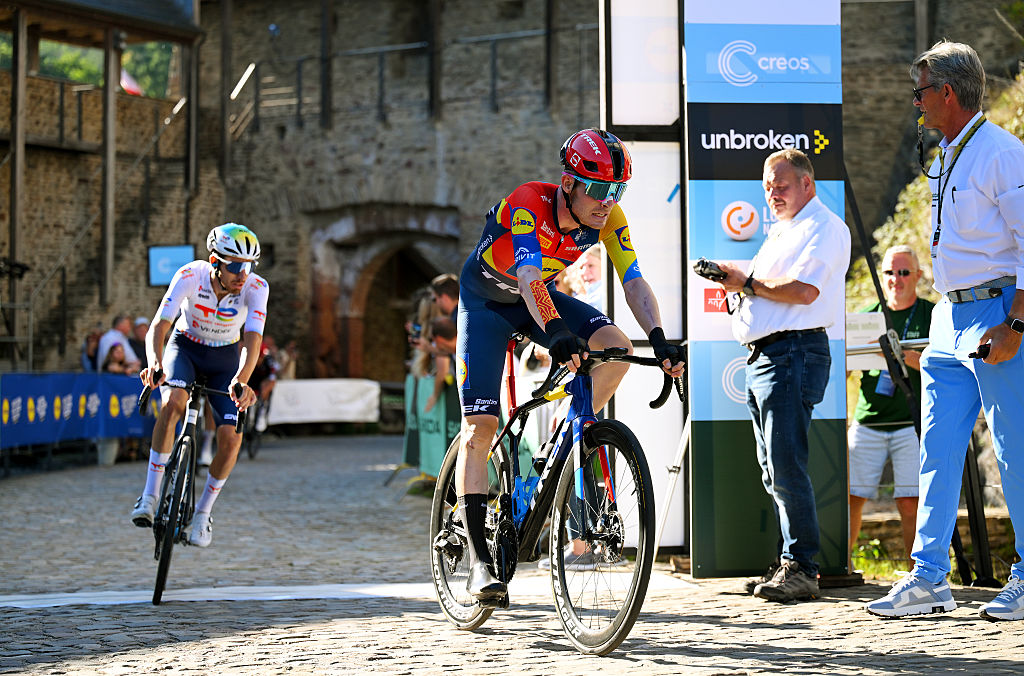 VIANDEN, LUXEMBOURG - SEPTEMBER 19: Stage winner Mattias Skjelmose of Denmark and Team Lidl - Trek crosses the finish line during the 85th Tour de Luxembourg, Stage 3 a 170.5km stage from Mertert to Vianden on September 19, 2025 in Vianden, Luxembourg. (Photo by Tim de Waele/Getty Images)