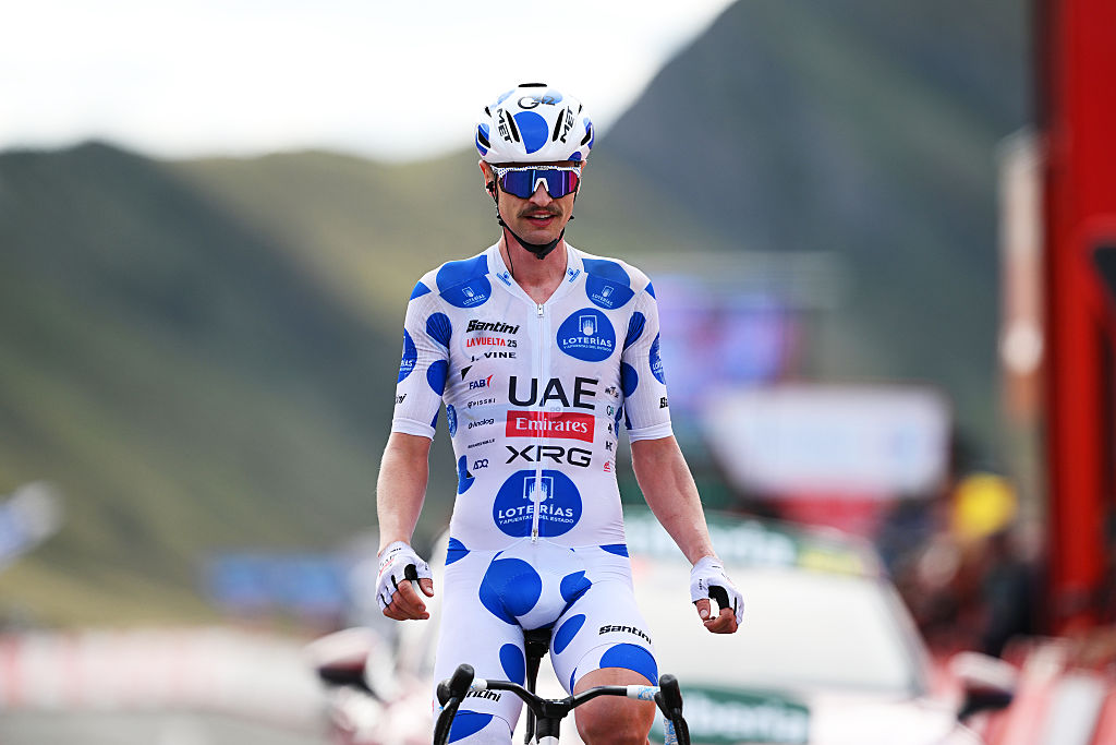EL FERIAL LARRA BELAGUA, SPAIN - AUGUST 02: Jay Vine of Australia and UAE Team Emirates - XRG - Polka Dot Mountain Jersey celebrates at finish line as stage winner during the La Vuelta - 80th Tour of Spain 2025, Stage 10 a 175.3km stage from Parque de la Naturaleza Sendaviva to El Ferial Larra Belagua 1585m / #UCIWT / on September 02, 2025 in El Ferial Larra Belagua, Spain. (Photo by Dario Belingheri/Getty Images)
