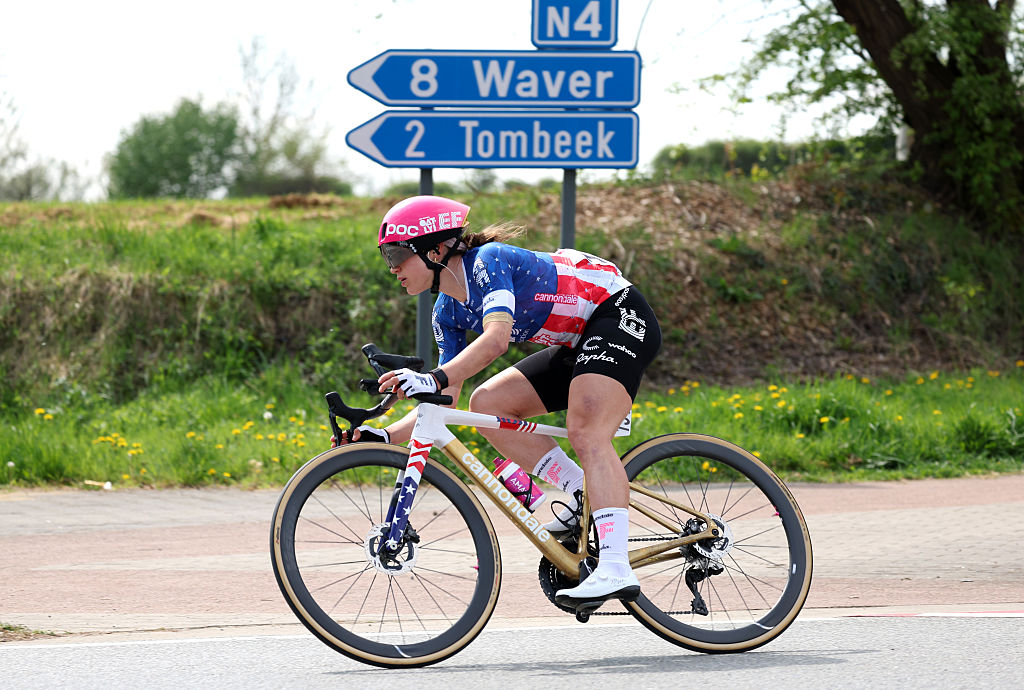 OVERIJSE BELGIUM APRIL 18 Kristen Faulkner of The United States and Team EF EducationOatly competes during the 10th De Brabantse Pijl La Fleche Brabanconne 2025 Womens Elite a 1257km one day race from Lennik to Overijse on April 18 2025 in Overijse Belgium Photo by Rhode Van ElsenGetty Images