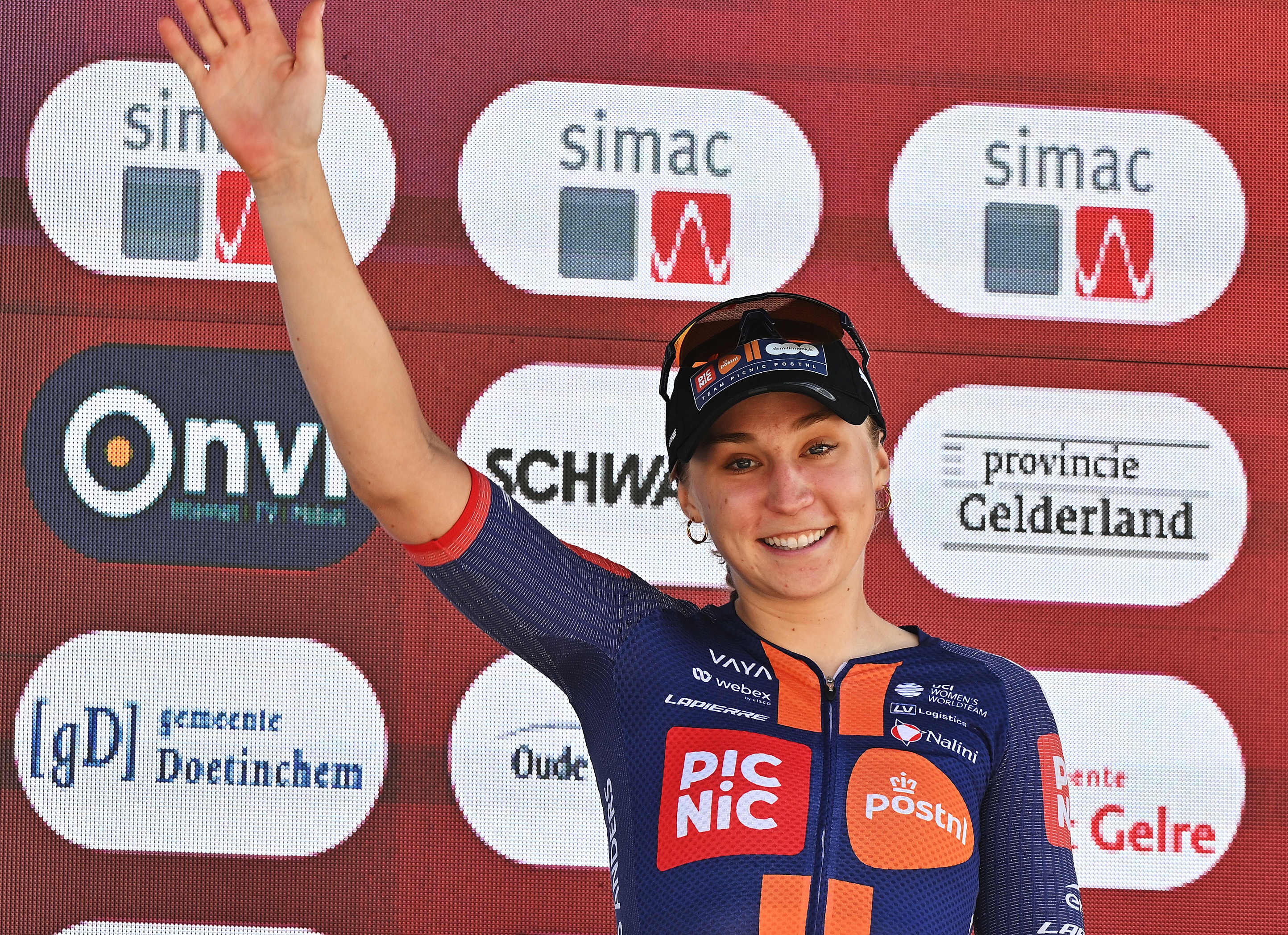 LICHTENVOORDE, NETHERLANDS - SEPTEMBER 07: Megan Jastrab of The United States and Team Picnic PostNL on third place poses on the podium ceremony after the 27th Simac Ladies Tour 2025, Stage 6 a 156.3km stage from Lichtenvoorde to Lichtenvoorde / #UCIWWT / on September 07, 2025 in Lichtenvoorde, Netherlands. (Photo by Luc Claessen/Getty Images)