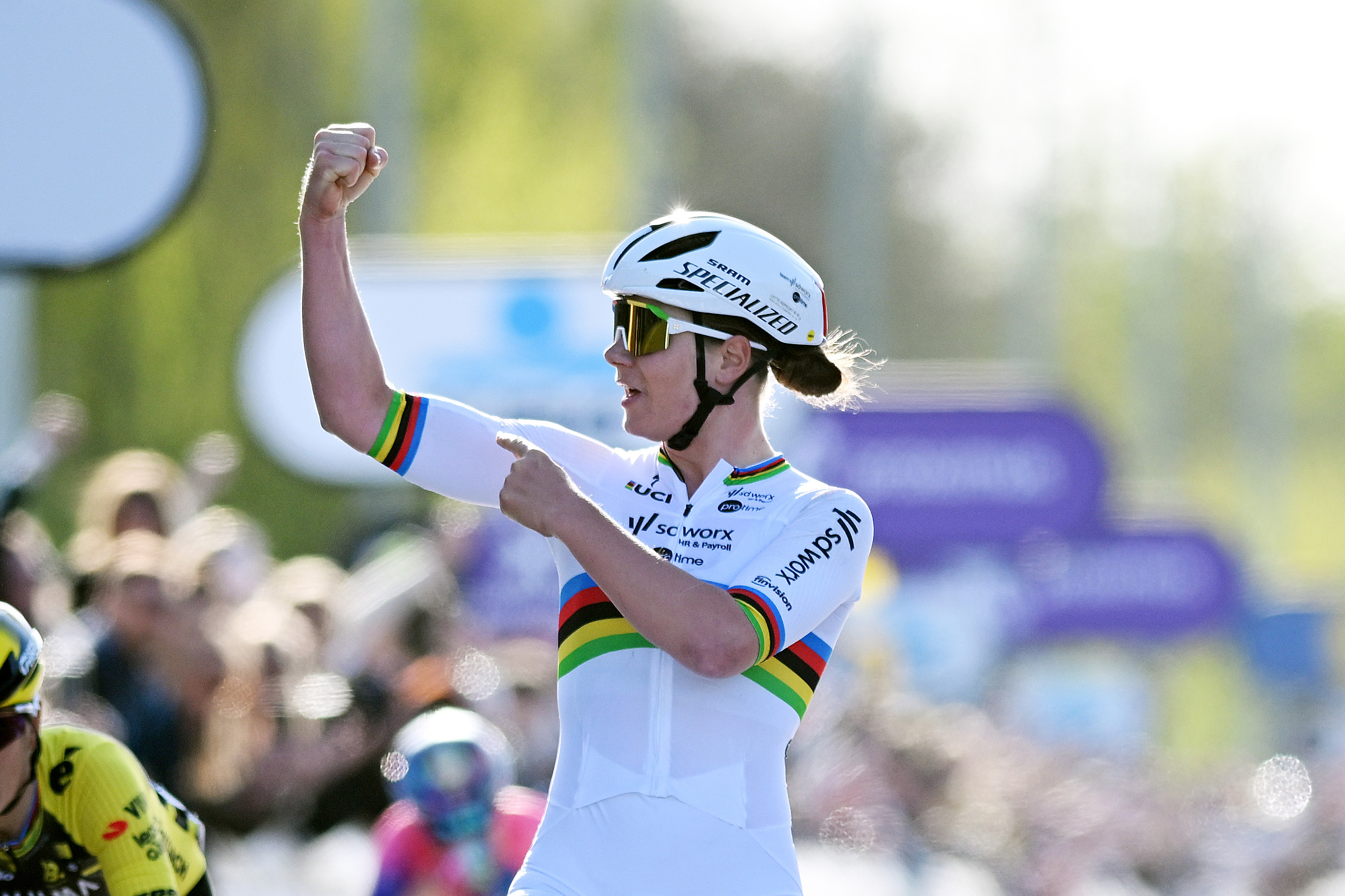OUDENAARDE, BELGIUM - APRIL 06: Lotte Kopecky of Belgium and Team SD Worx - Protime (C) celebrates at finish line as race winner aheaf of Pauline Ferrand Prevot of France and Team Visma | Lease a Bike (L) and Liane Lippert of Germany and Movistar Team (R) during the 22nd Ronde van Vlaanderen - Tour des Flandres 2025 - Women's Elite a 168.9km one day race from Oudenaarde to Oudenaarde / #UCIWWT / on April 06, 2025 in Oudenaarde, Belgium. (Photo by Dario Belingheri/Getty Images)