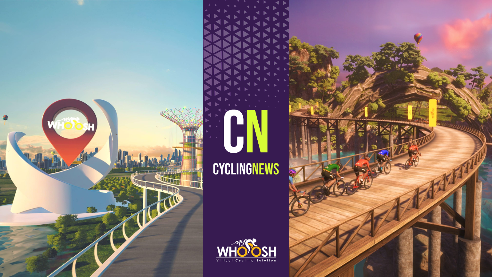 Two in-game landscape images from MyWhoosh joined by a purple Cyclingnews banner